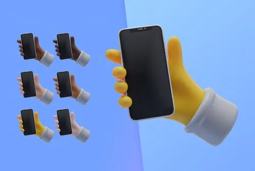 潮流不同肤色手持手机3D手势插图素材 3d collecti