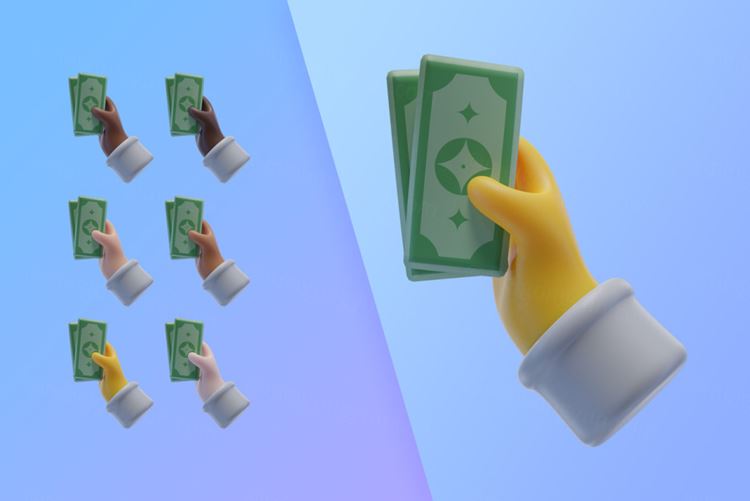 潮流不同肤色手持钞票3D手势插图素材 3d collecti