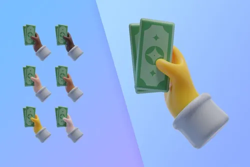 潮流不同肤色手持钞票3D手势插图素材 3d collecti