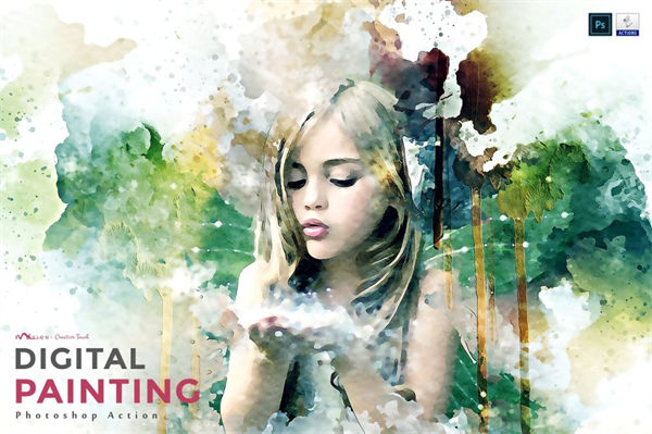 油性水彩颜料绘画效果照片后期处理ps动作