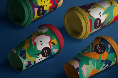 高质量纸杯饮料包装设计贴图展示样机模板 Isometric