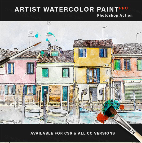 艺术家水彩颜料飞溅绘画照片处理PS动作