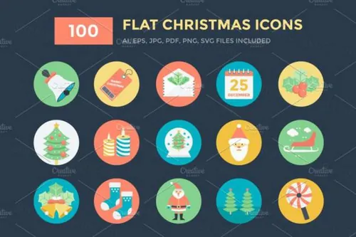 100个圣诞矢量图标下载 100 Flat Christmas Vector I