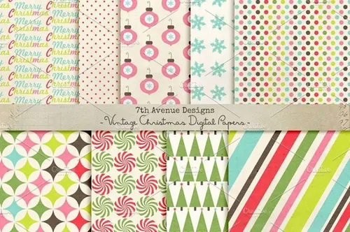 活泼色彩图案无缝背景Vintage Christmas Digital Papers