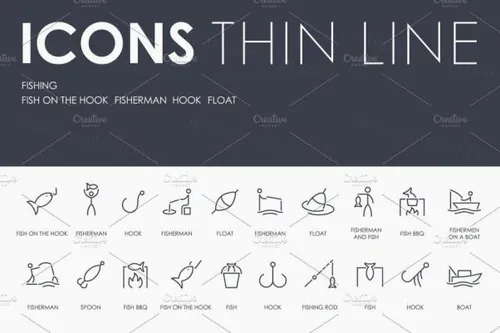 钓鱼渔具图标素材 Fishing thinline icons