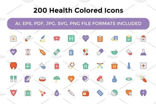 200个健康彩色图标素材 200 Health Colored Icons