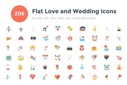 扁平化爱情和婚礼图标下载Flat Love and Wedding Icons