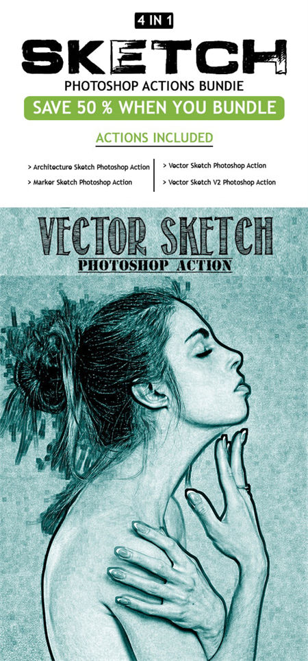 艺术绘画素描照片效果4合1ps动作套装