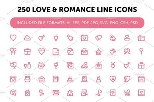 250个爱情和浪漫的线条图标设计 Love and Romance Line I