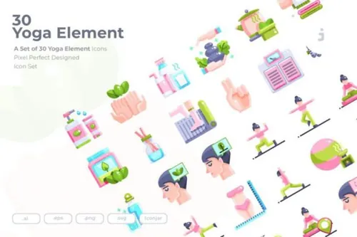 完美平面设计矢量瑜伽日用品元素图标Yoga Element Icons