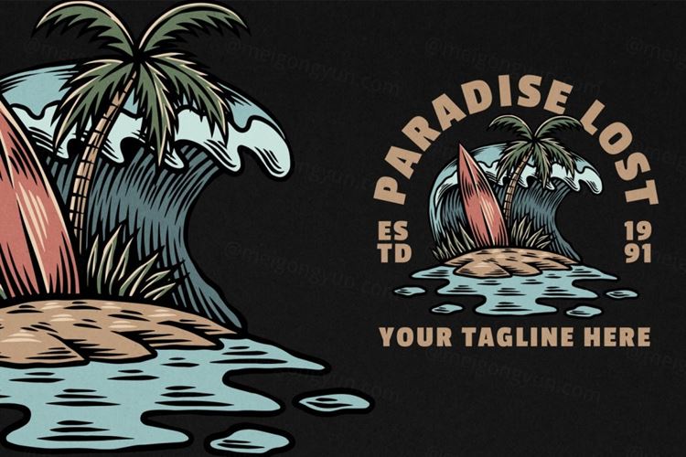 复古孤岛冲浪咖啡乐园品牌LOGO插画素材 Paradise Lost design Illustration