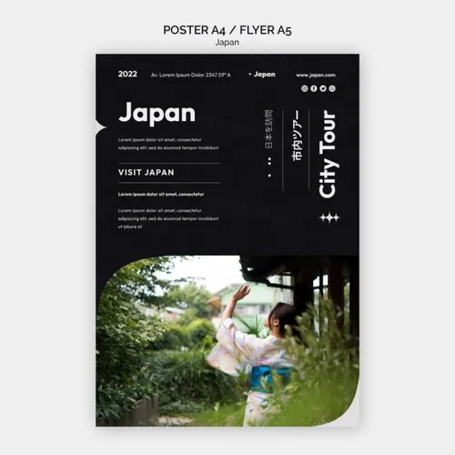 异形版式设计日本城市旅游宣传单海报PSD模板 Japanese city tour