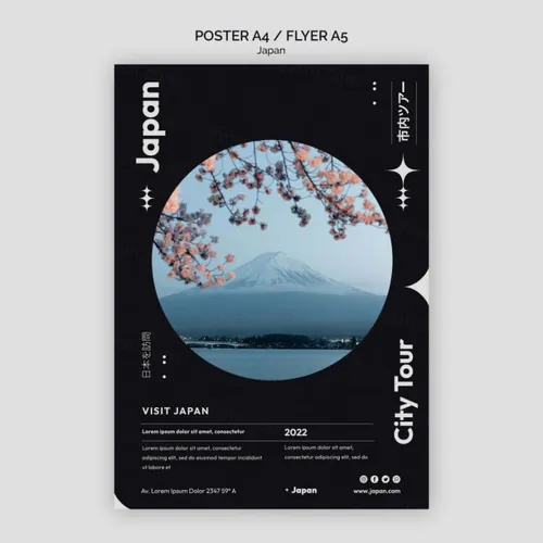 异形版式设计日本城市旅游宣传单海报PSD模板 Japanese city tour