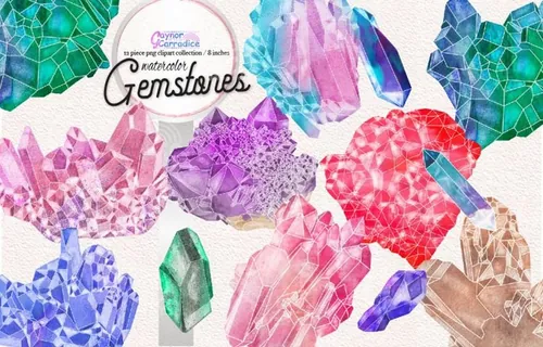 水彩手绘宝石水晶蓝宝石剪贴画素材 Natural Gemst