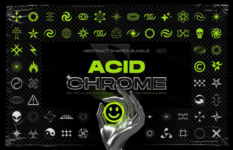 100款酸性艺术镀铬金属抽象几何形状设计装饰素材 Acid