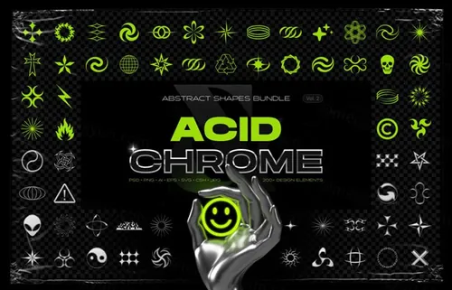 100款酸性艺术镀铬金属抽象几何形状设计装饰素材 Acid