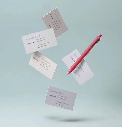 组漂浮的名片样机和铅笔样机 Gravity Psd B-Cards Mock-Up Vol6