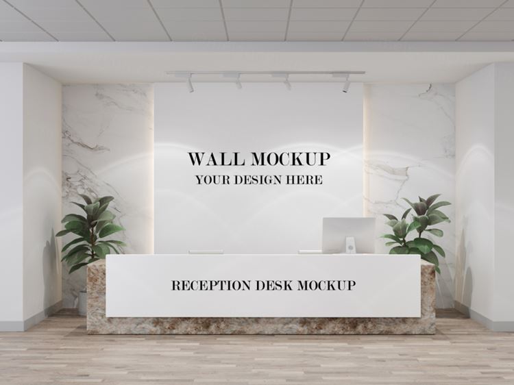公司前台形象墙背景墙品牌LOGO设计提案样机PSD模板 Front desk and wall mockup