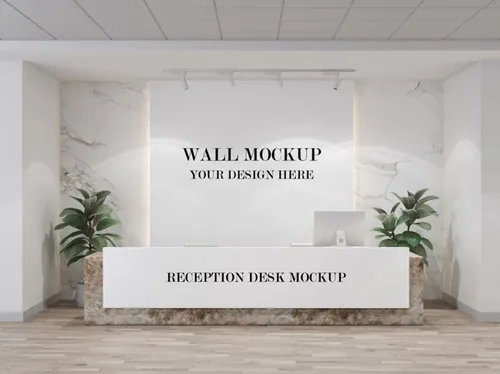 公司前台形象墙背景墙品牌LOGO设计提案样机PSD模板 Front desk and wall mockup