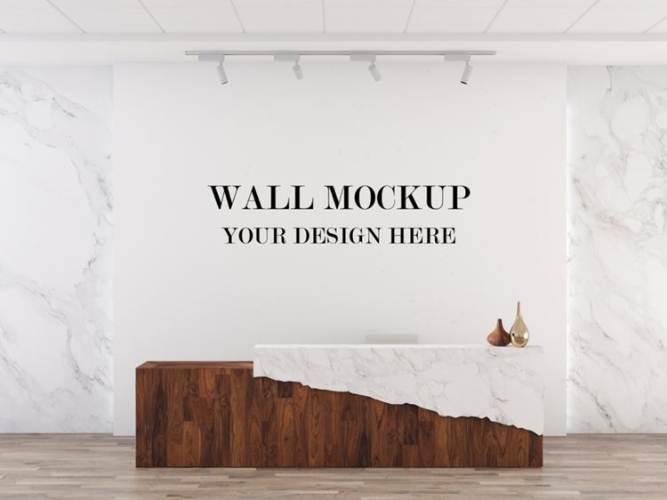 公司前台形象墙背景墙品牌LOGO设计提案样机PSD模板 Front desk and wall mockup