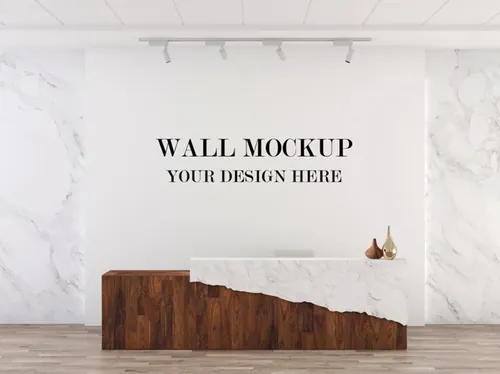 公司前台形象墙背景墙品牌LOGO设计提案样机PSD模板 Front desk and wall mockup