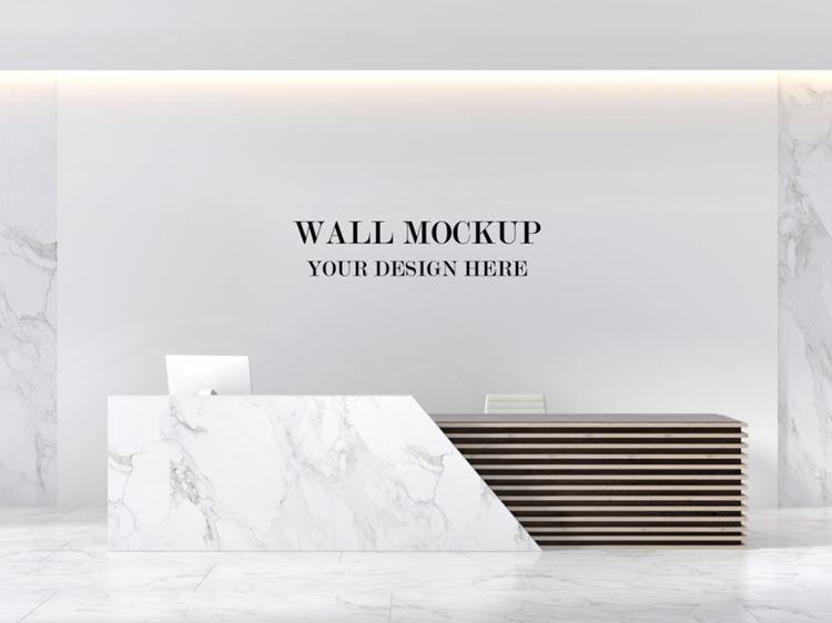 公司前台形象墙背景墙品牌LOGO设计提案样机PSD模板 Front desk and wall mockup