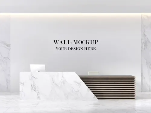 公司前台形象墙背景墙品牌LOGO设计提案样机PSD模板 Front desk and wall mockup