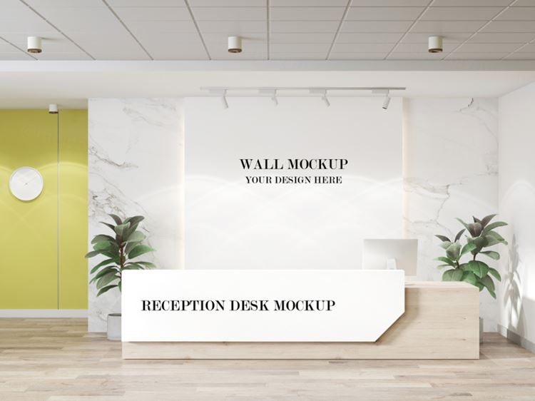 公司前台形象墙背景墙品牌LOGO设计提案样机PSD模板 Front desk and wall mockup