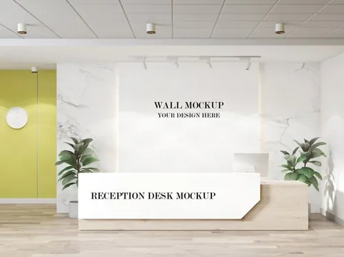 公司前台形象墙背景墙品牌LOGO设计提案样机PSD模板 Front desk and wall mockup