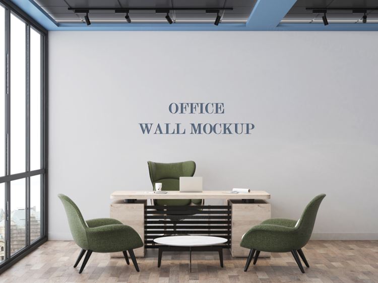 公司前台形象墙背景墙品牌LOGO设计提案样机PSD模板 Front desk and wall mockup
