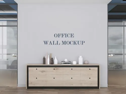 公司前台形象墙背景墙品牌LOGO设计提案样机PSD模板 Front desk and wall mockup
