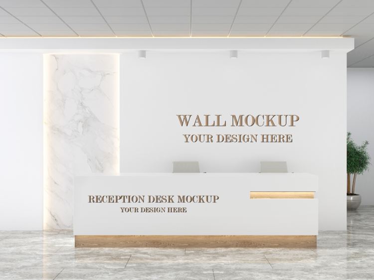 公司前台形象墙背景墙品牌LOGO设计提案样机PSD模板 Front desk and wall mockup
