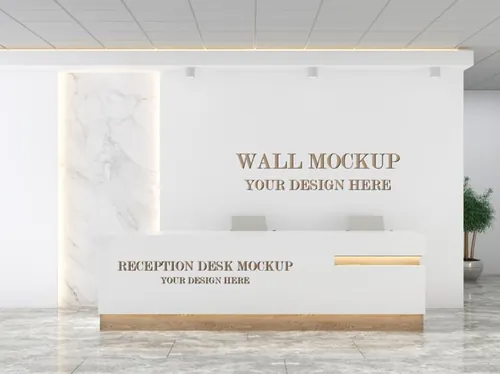 公司前台形象墙背景墙品牌LOGO设计提案样机PSD模板 Front desk and wall mockup
