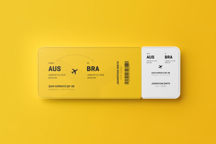 飞机票电影票音乐会活动门票设计提案样机PSD模板 Round corner event ticket mockup