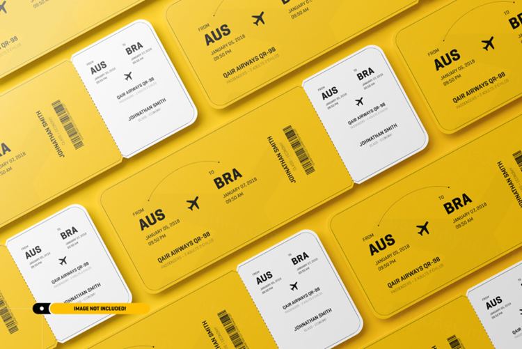 飞机票电影票音乐会活动门票设计提案样机PSD模板 Round corner event ticket mockup