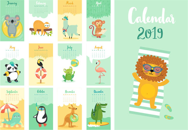 年可爱的卡通沙滩动物创意手绘风格日历矢量模版