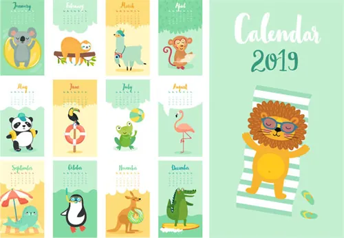 年可爱的卡通沙滩动物创意手绘风格日历矢量模版