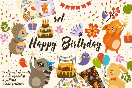 儿童生日主题装饰原始插画素材 Set Happy Birth