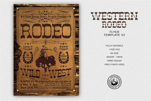 美国西部牛仔怀旧海报模版 Western Rodeo Flyer