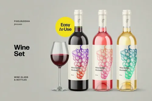 高质量红酒香槟高脚杯品牌包装设计贴图展示样机模板 Wine