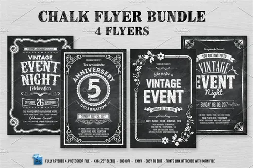 粉笔海报模板包 4 Chalk Flyers Bundle