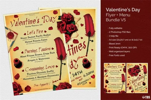 情人节主题传单 菜单PSD模板V5 Valentines Day Flyer