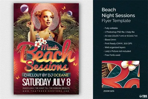 夜店海报模板 Beach Night Sessions Flyer