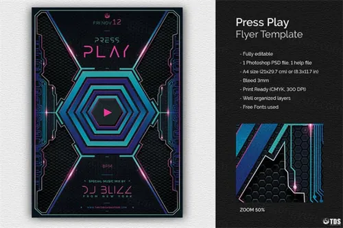 科幻游戏海报模板 Press Play Flyer