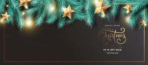 圣诞树冷杉树枝写实风格圣诞节新年促销海报EPS矢量模板素材