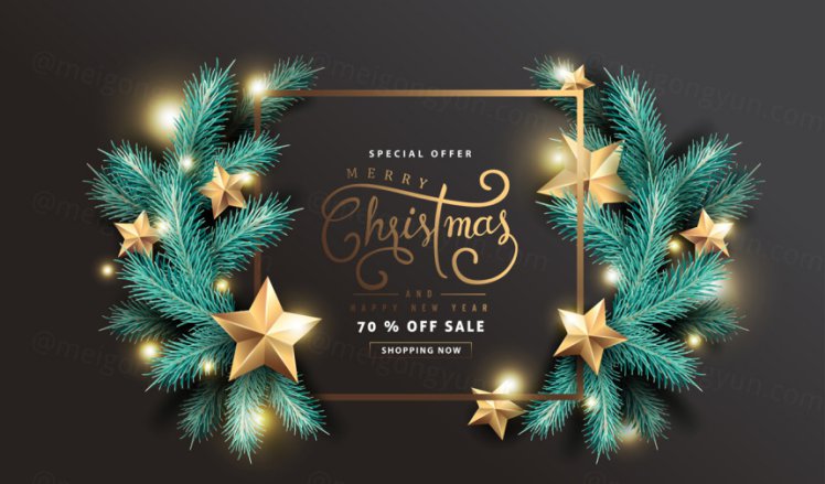 圣诞树冷杉树枝写实风格圣诞节新年促销海报EPS矢量模板素材