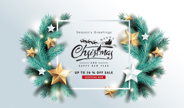 圣诞树冷杉树枝写实风格圣诞节新年促销海报EPS矢量模板素材