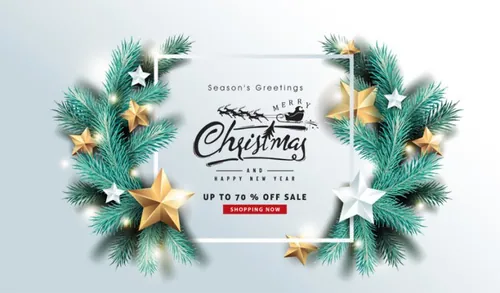 圣诞树冷杉树枝写实风格圣诞节新年促销海报EPS矢量模板素材