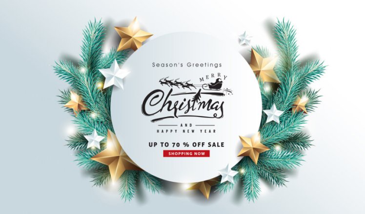 圣诞树冷杉树枝写实风格圣诞节新年促销海报EPS矢量模板素材