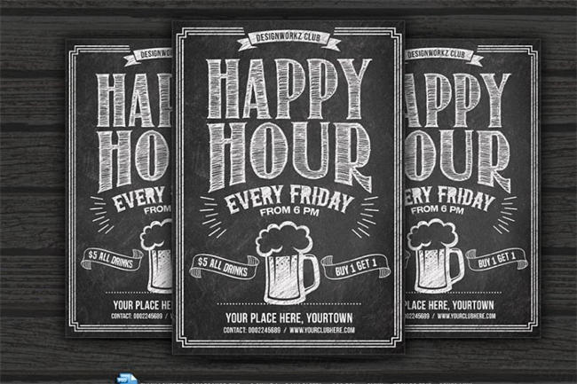 欢乐时光黑板传单 Happy Hour Chalkboard Flyer